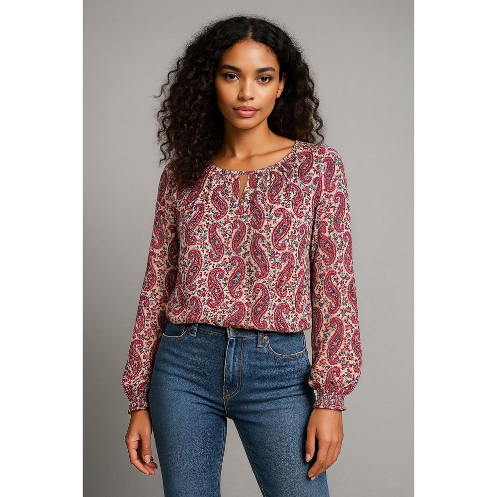 Alex Lili Top Women M‎ Pink Red Paisley Boho Cottagecore Peasant Ruched Blouse